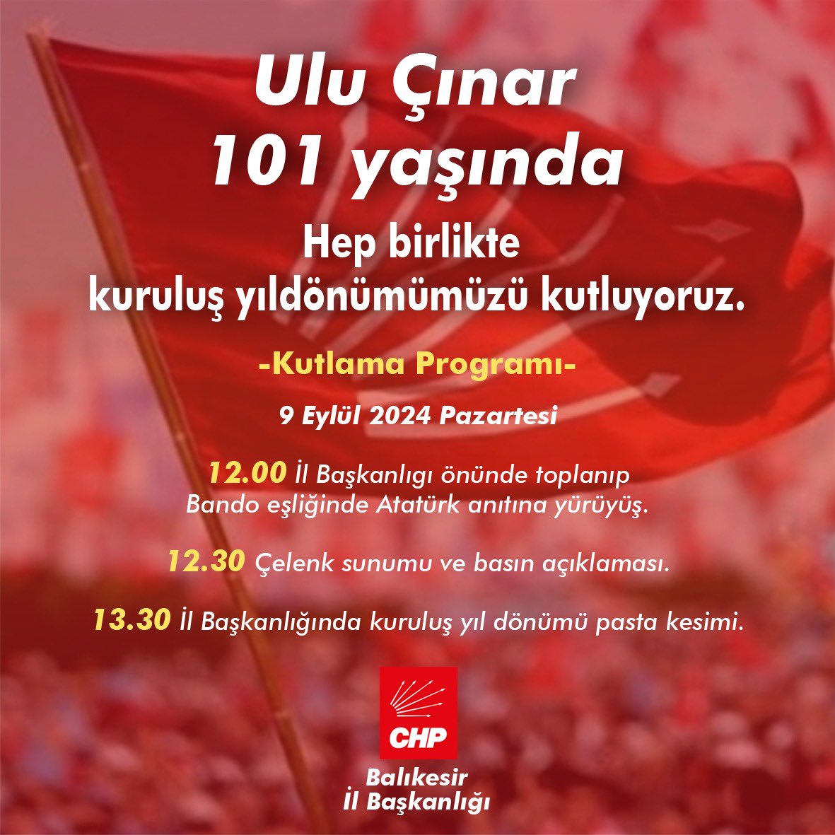 CHP Balıkesir İl Başkanlığı, 101. Kuruluş Yıldönümünü Coşkuyla Kutlayacak