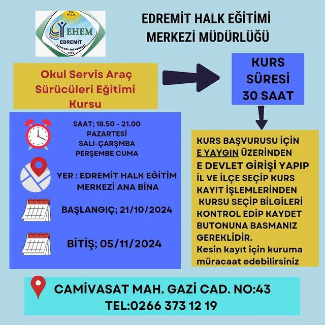 Edremit’te Araç Sürücüleri İçin Eğitim Kursu Başlatılıyor