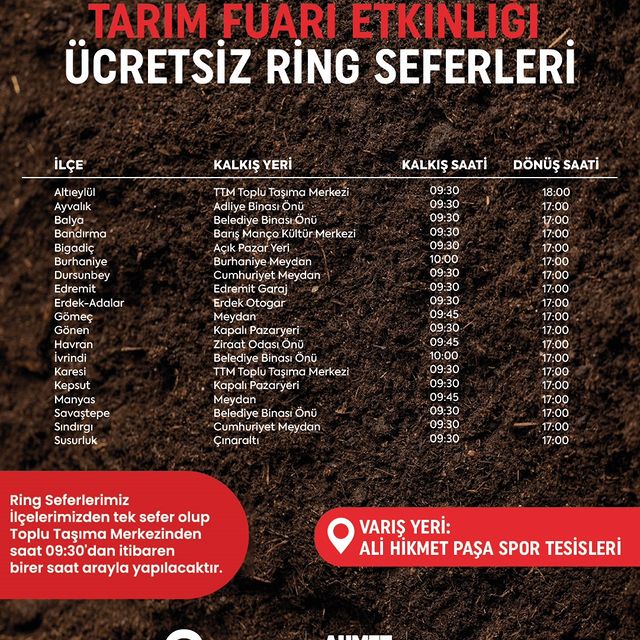 Balıkesir Tarım ve Hayvancılık Fuarı için Ücretsiz Ring Seferleri Başlıyor