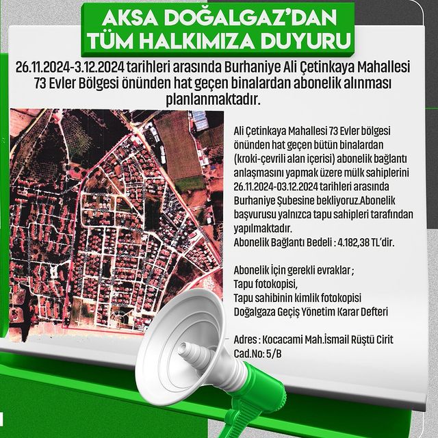 Burhaniye Ali Çetinkaya Mahallesi’nde Doğalgaz Abonelik Hattı Açılıyor