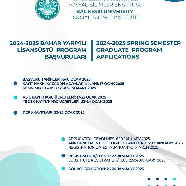 2024-2025 Eğitim-Öğretim Yılı Bahar Yarıyılı Lisansüstü Programlarına Başvurular Başladı