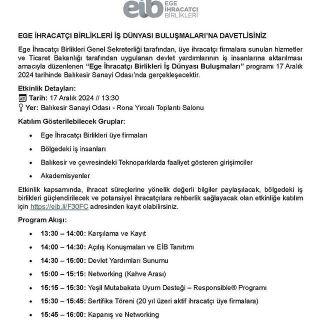 Ege İhracatçı Birlikleri Program Düzenliyor