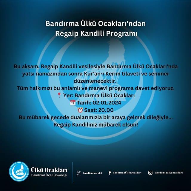 Regaip Kandili için Bandırma Ülkü Ocakları’nda Etkinlik Düzenlenecek