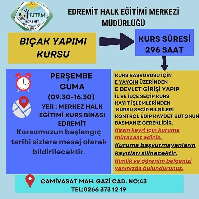 Bıçak Yapımı Kursu Edremit Halk Eğitimi Merkezi’nde Başlıyor