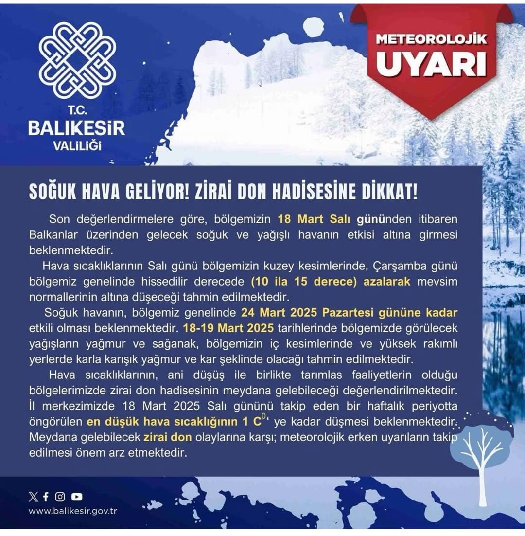 Balıkesir’de Soğuk Hava ve Zirai Don Uyarısı