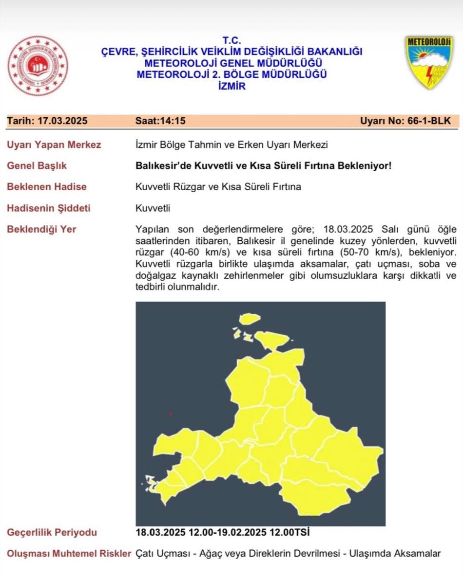 Balıkesir’de Kuvvetli Rüzgar ve Fırtına Uyarısı