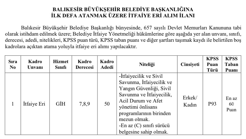 Balıkesir Büyükşehir Belediyesi İtfaiye Eri Alımı Yapacak